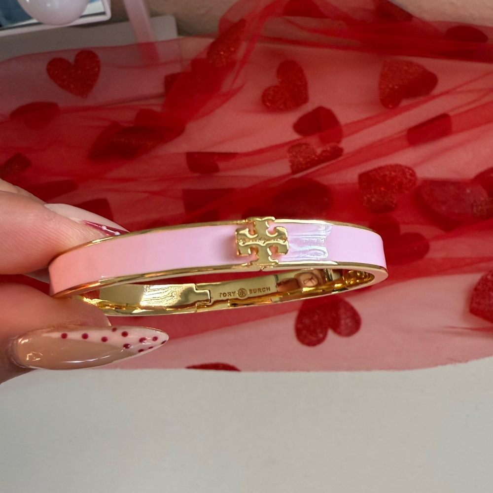 Tory Burch Pink Enamel Gold Logo Hinged Bangle